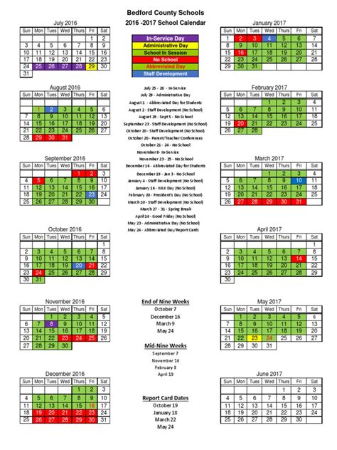 Bedford County Schools: 2016 - 2017 School Calendar | PDF