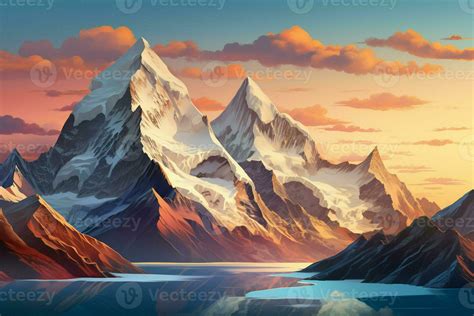 Fantasy landscape with mountains and clouds. 3D illustration. Digital ...