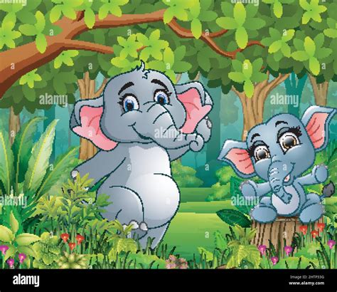 Cartoon baby and mother elephant in a beautiful nature Stock Vector ...