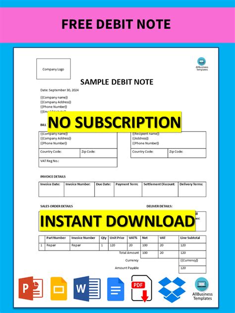 免费 Debit Note | 样本文件在 allbusinesstemplates.com