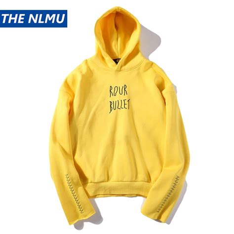 Fashion Hip Hop Yellow Hoodies Men Solid Color Embroidery Hooded ...