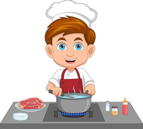 Premium Vector | Cartoon chef boy is cooking in the kitchen