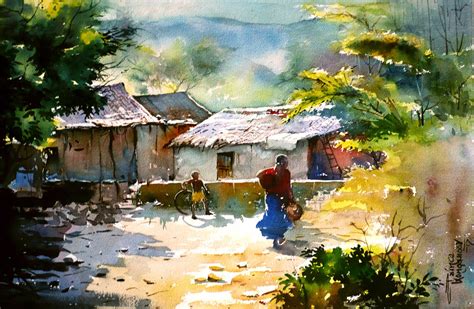 village... water colour painting prince konganoor. Kerala artist ...