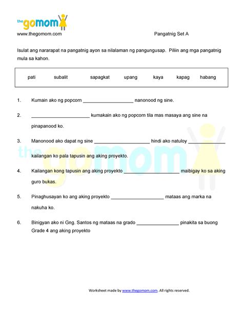 Mga pang ugnay worksheet 3 - thegomom Pangatnig Set A鈀 鈀 鈀 - Studocu