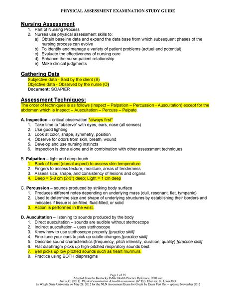 Physical Assessment Exam Study Guide - Page 1 of 35 Adapted from the ...