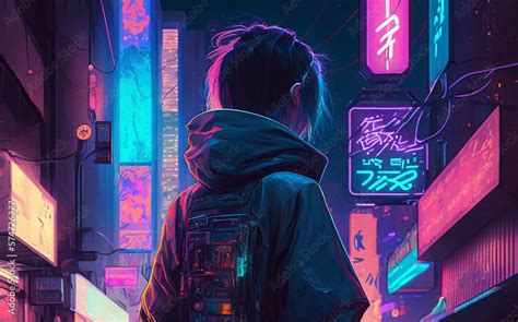 new neon cyberpunk anime artwork hd wallpaper Stock Illustration ...