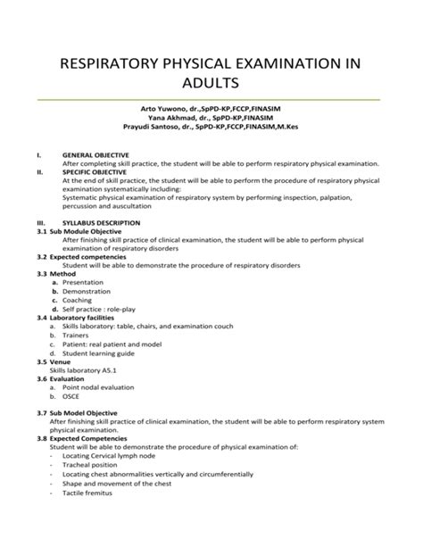 learning guide for physical examination of adult respiratory patient