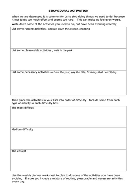 Behavioural Activation Worksheet printable pdf download