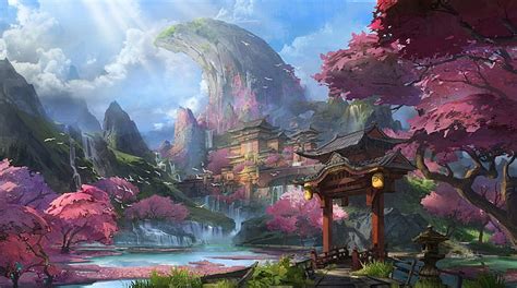 HD wallpaper: artwork, fantasy art, Chinese architecture, mountains ...