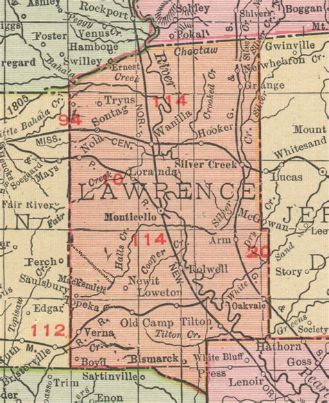 Lawrence County, Mississippi, 1911, Map, Rand McNally, Monticello, New ...