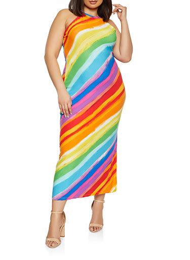 Plus Size Rainbow Striped High Neck Maxi Dress - Rainbow