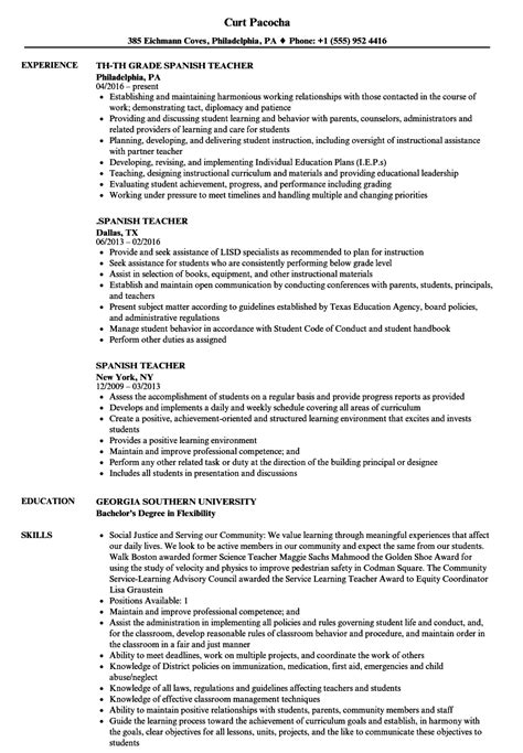 Spanish Teacher Resume Samples | Velvet Jobs