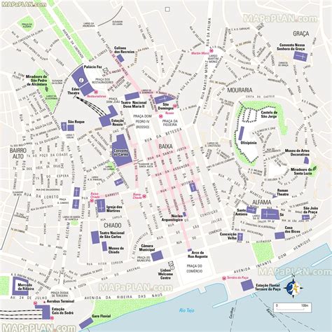 Lisbon map - Map of Alfama, Mouraria, Baixa showing historical old town ...