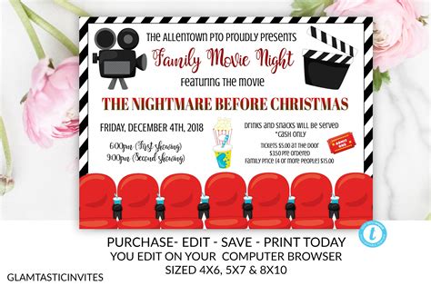 Family Movie Night Invitation Flyer Template PTO PTA Movie | Etsy