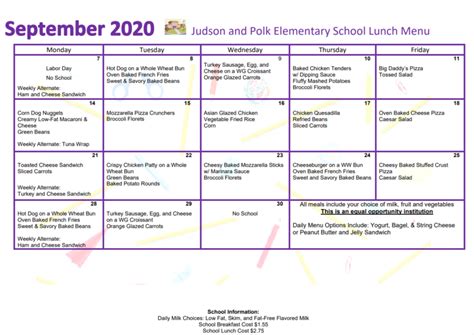 September Lunch Menu! | Polk Elementary School