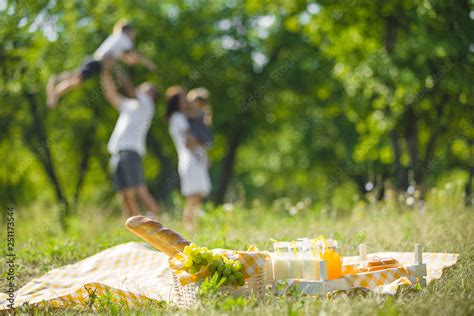 Family picnic background. Parents with children having fun outdoors in ...