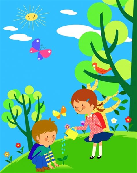 Environment painting children planting tree cartoon characters Vectors ...