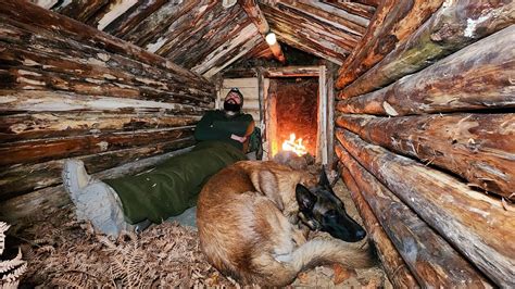 Building Warm Bushcraft Survival Shelter in Wildlife, Fireplace ...