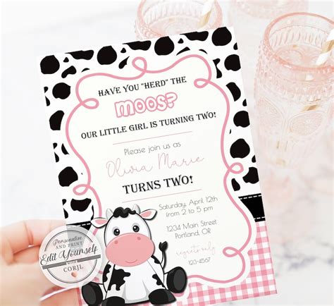 Girls Cow Birthday Invitation Cow Party Invitation Cow Party | Etsy