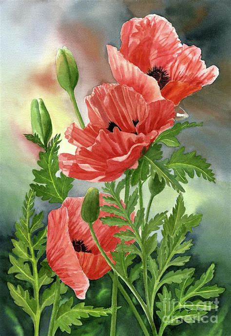 Three Red Orange Poppies with Leaves by Sharon Freeman | Floral ...