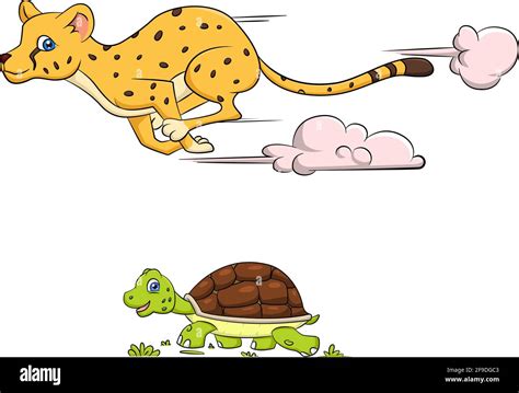 cartoon vector illustration of animals: a fast cheetah racing a slow ...