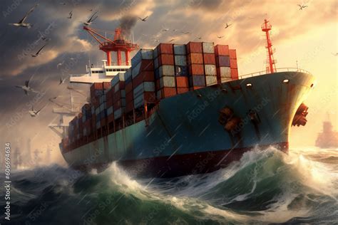 Container ship in storm on the sea. Inport and export cargo boat. Ai ...