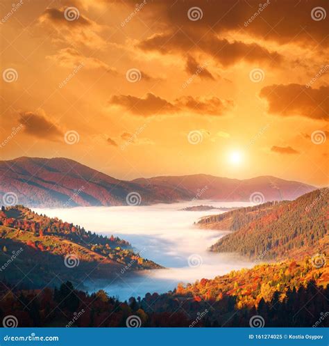 Gorgeous Sunrise Sky Over Valley in Fog of Autumn Mountains Covered by ...