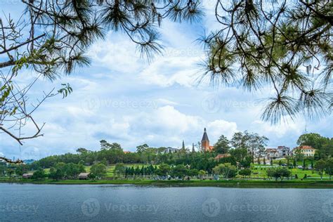 Aerial view of a Da Lat City with development buildings, transportation ...