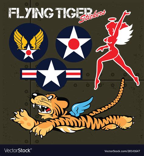 Flying tiger stickers set Royalty Free Vector Image