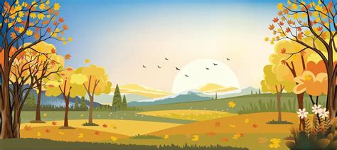 Panorama landscapes of Autumn farm field with maple leaves falling from ...