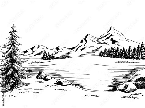 Mountain lake graphic art black white landscape illustration vector ...