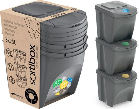 Recycle Bins 25L x 3 Food Stackable Waste Recycling Lids Kitchen Garden ...