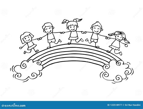 Cartoon Happy Kids on the Rainbow Stock Vector - Illustration of ...