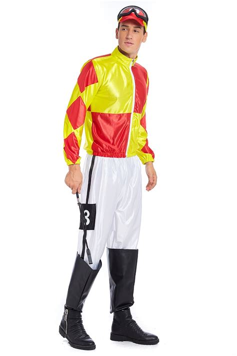 Yellow Red Jockey Horse Racing Rider Mens Uniform Fancy Dress Costume