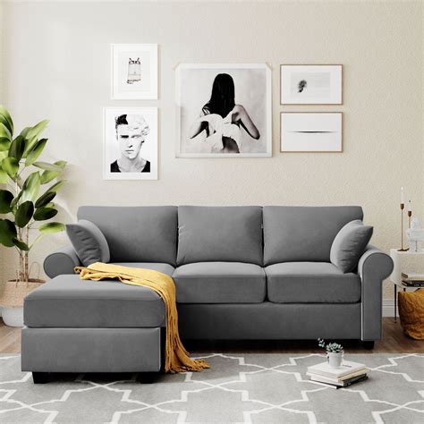 Modern L-Shaped Sectional Sofa, Gray Mid Century Couches and Sofas with ...