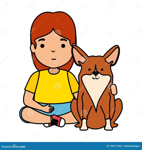 Cute Little Girl with Puppy Stock Illustration - Illustration of ...