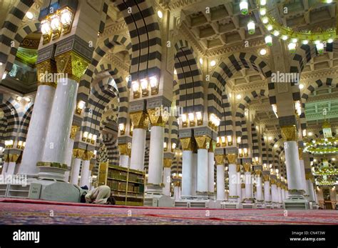 Interior of Masjid (mosque) Nabawi in Al Madinah, Saudi Arabia Stock ...