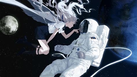 Angel Anime Girl And Astronaut Live Wallpaper - MoeWalls