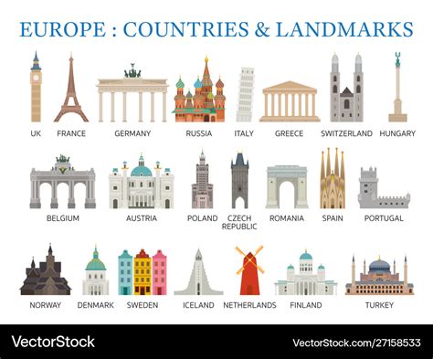 Europe countries landmarks in flat style Vector Image