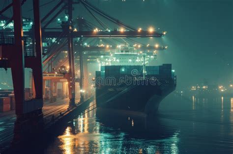 A Container Ship Loading with Containers at Night. Stock Image - Image ...