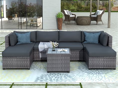 7 Piece Patio Furniture Set with 4 Rattan Wicker Chairs, 2 Ottoman ...