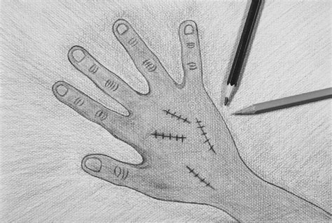 Hand Drawn Right Hand with Surgical Wound Suture by Wooden Color ...