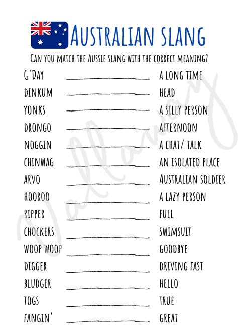 Australian slang printable game | Etsy