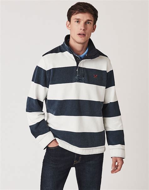 Men's Navy White Stripe Padstow Pique Sweatshirt from Crew Clothing Company