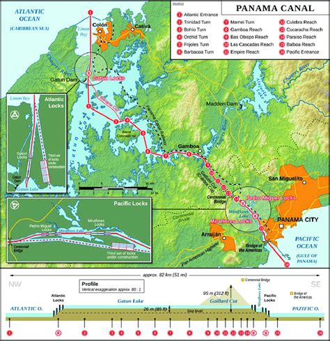 General map of the Panama Canal and its enlargement. Below ...