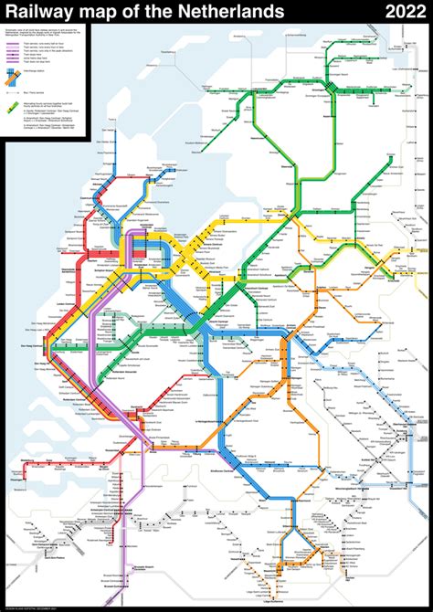 Railway map of the Netherlands, new timetable 2022. One line is a train ...