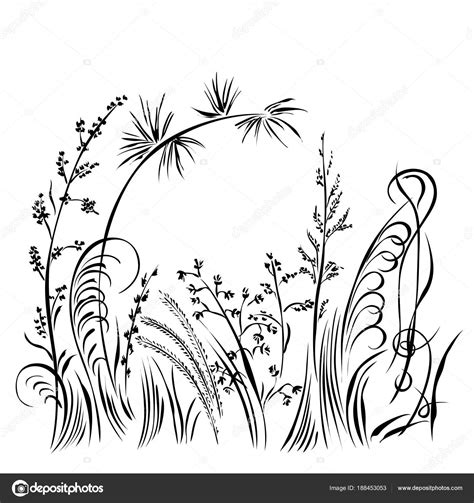 Grass and flowers silhouette isolated on white background Stock Vector ...