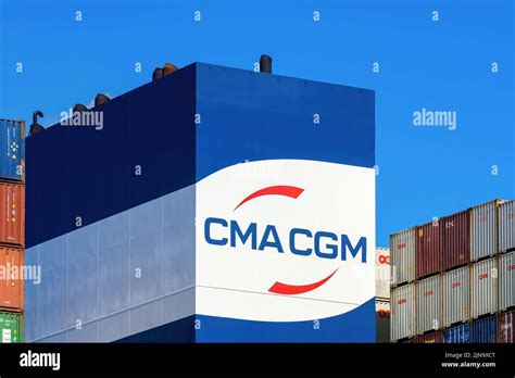 The CMA CGM logo on the funnel of the container carrier CM CGM Mexico ...