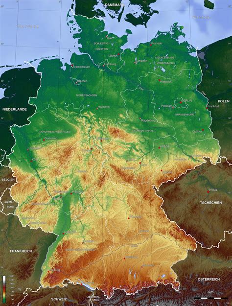 Physical map of Germany - Germany elevation map (Western Europe - Europe)