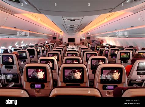 Seats with screens, Economy Class, interior view, Airbus A 350 Qatar ...